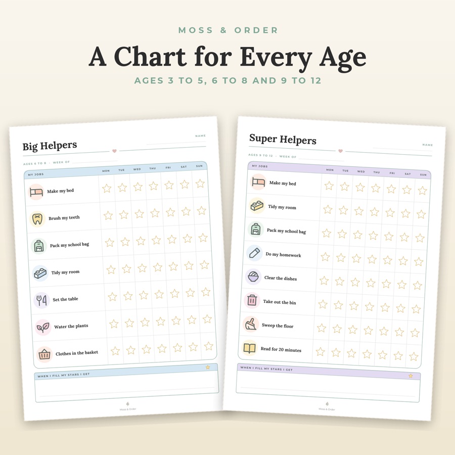 Printable kids chore charts with picture chores and stars